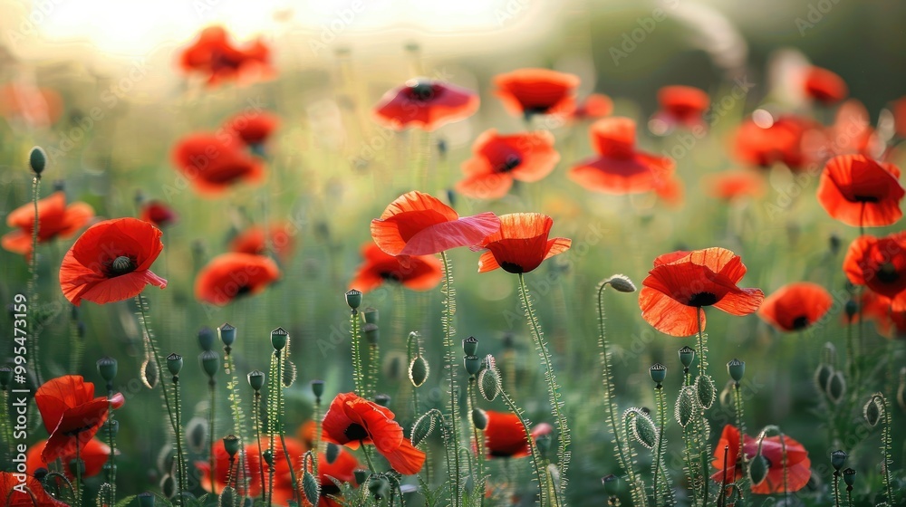 Fototapeta premium Poppies in a field as a backdrop in nature