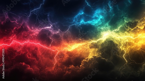 Lightning strikes in a dramatic sky. Perfect for projects about power, energy, and the weather.