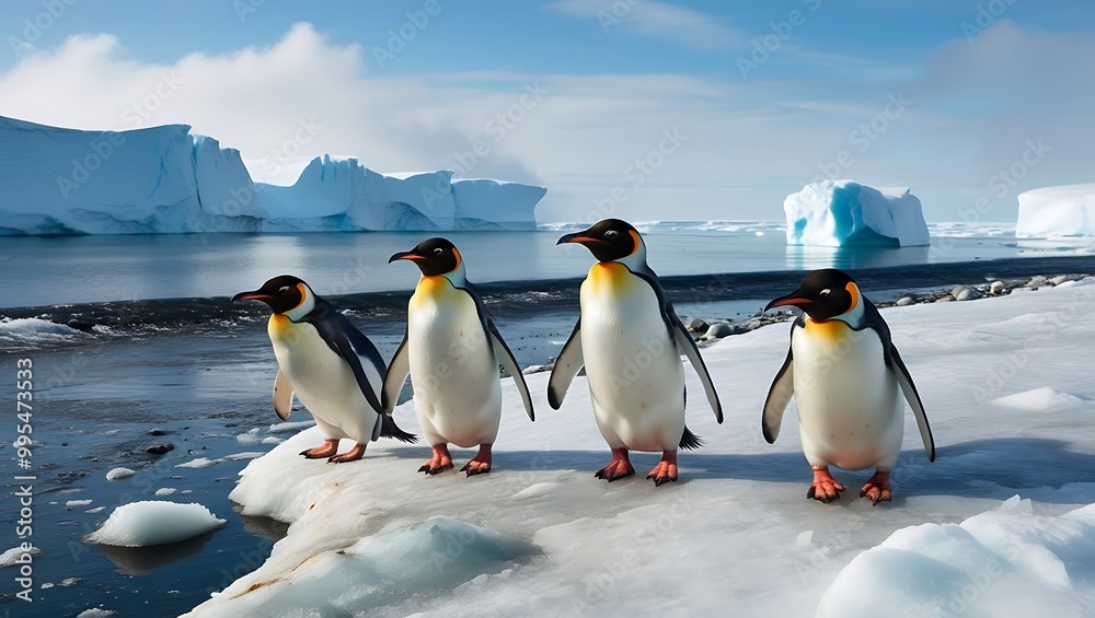 Obraz premium Delve into the enchanting world of penguins as they explore the icy shoreline, creating a delightful scene that showcases their unique charm and adaptability.