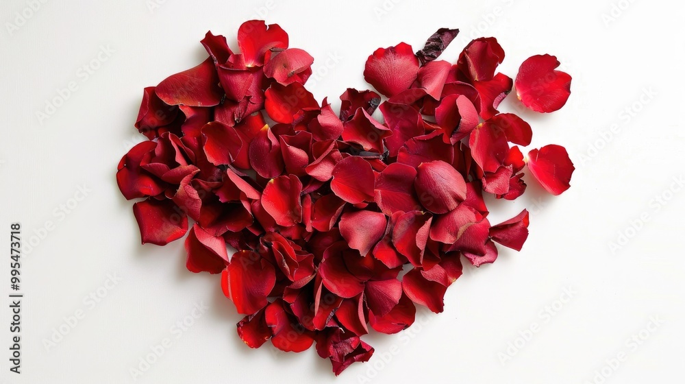 Red rose petals arranged in a heart shape on a white background Red rose petals arranged in a heart shape on a white background