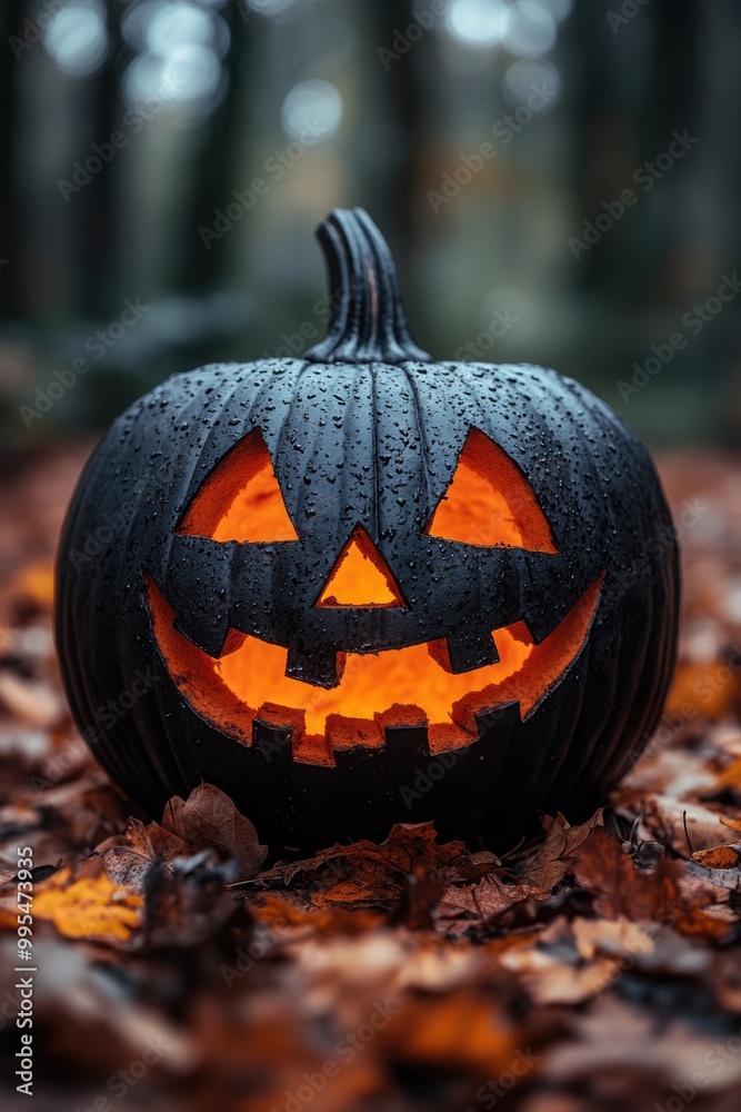 Jack-o’-lanterns with grinning faces light up a winding path through a darkened forest Jack-o’-lanterns with grinning faces light up a winding path through a darkened forest