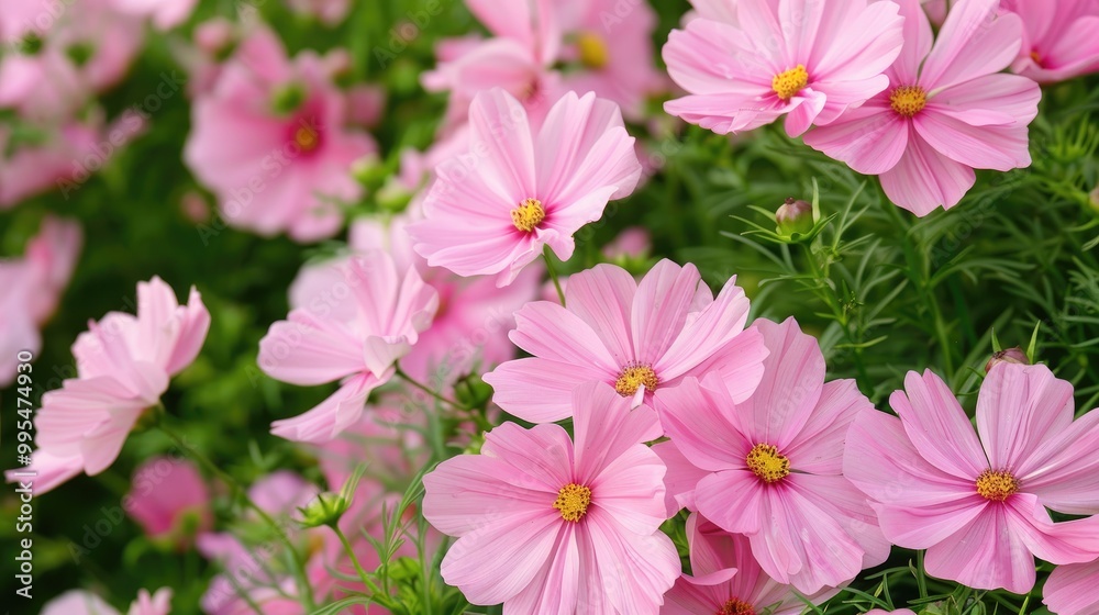 Pink cosmos flowers with green leaves close up Pink cosmos flowers with green leaves close up