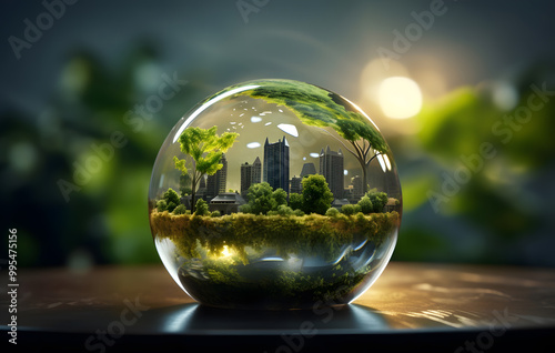 A glass globe depicting the world is placed on a table, showing a beautiful three-dimensional image. Nature in a glass globe.