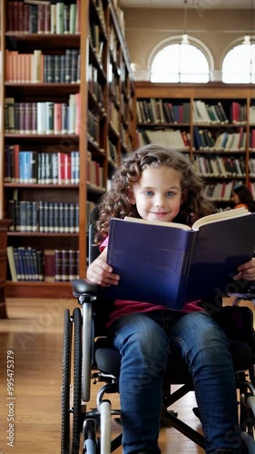 Smiling young girl in wheelchair reading a book in library, vertical footage