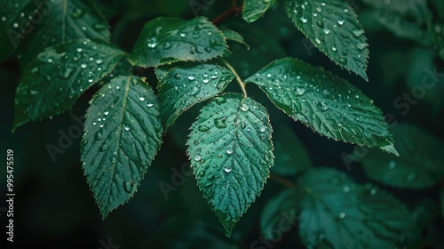 Rain drops on a green leaf after a rainy day