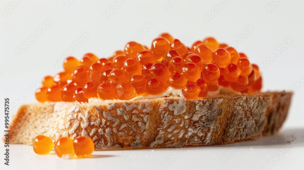 Red fish roe on white bread with butter against a white backdrop Red fish roe on white bread with butter against a white backdrop