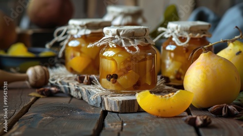 Quince preserves with brown sugar ripe fruits sweet spices on rustic wooden backdrop