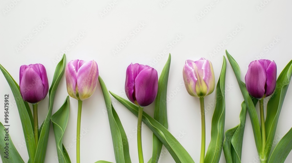Fototapeta premium Purple tulip with green leaves on white backdrop