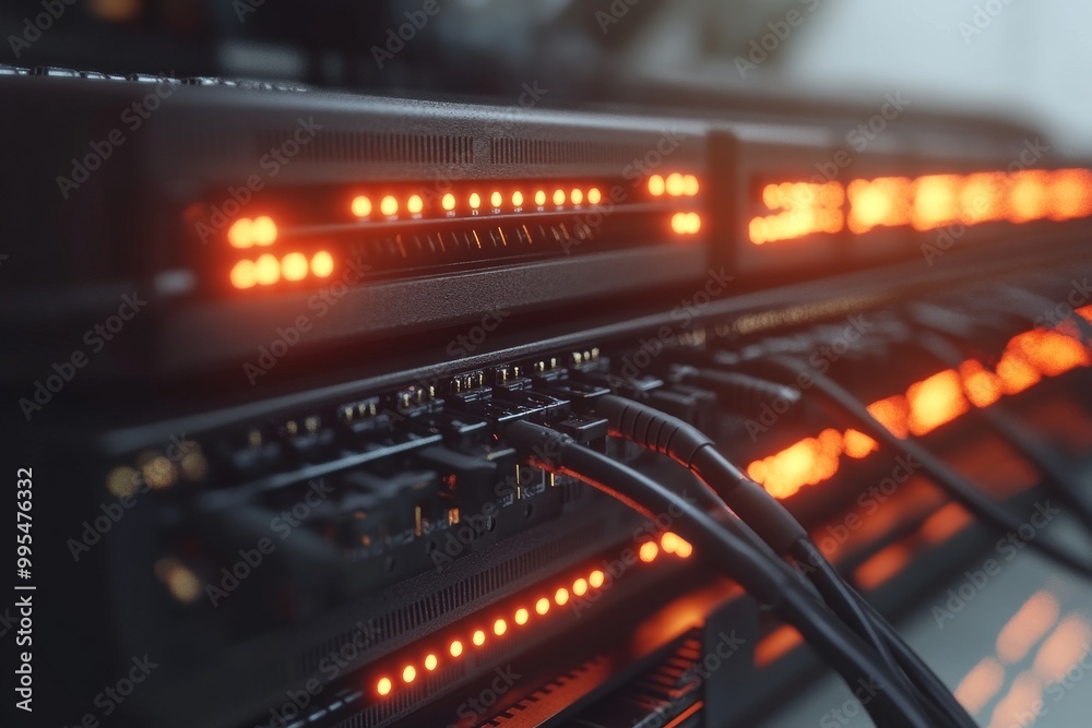 Naklejka premium Glowing orange ethernet cables plugged into a server rack symbolizing fast data transmission secure connection and advanced IT systems