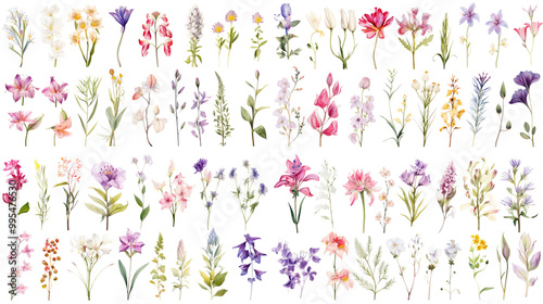 Set of watercolor wildflowers painting isolated on clear png background and transparent background. Fresh and nature concept for nature decorative and flower element, AI generative.	
