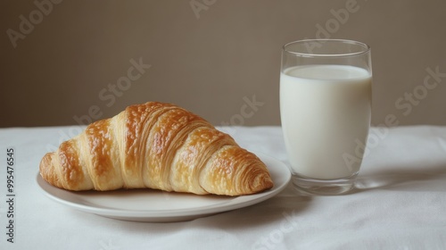 "A Classic Breakfast Duo: Enjoying Croissant with a Glass of Milk"