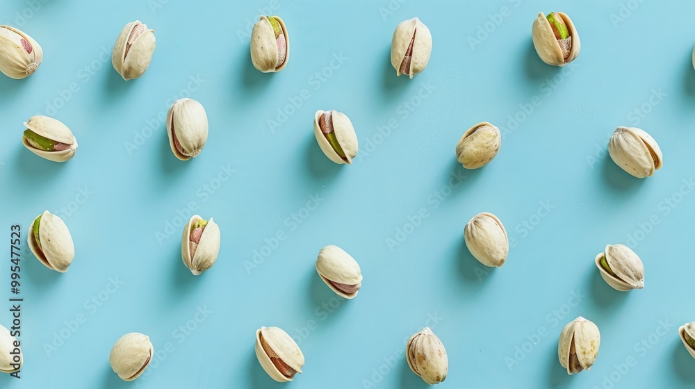 Pistachios arranged on a blue surface Pistachios arranged on a blue surface