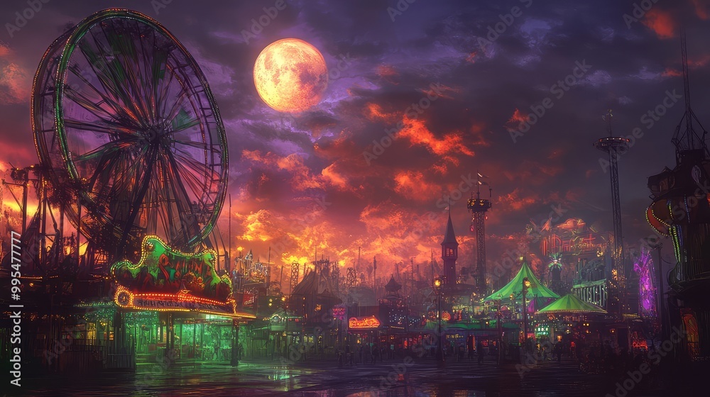 Creepy carnival set against a futuristic cityscape, harvest moon glowing, sky blending purples, greens, and fiery orange clouds Creepy carnival set against a futuristic cityscape, harvest moon glowing, sky blending purples, greens, and fiery orange clouds