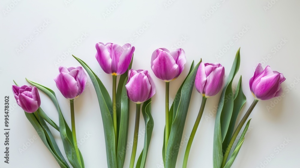 Purple tulip with green leaves on white backdrop Purple tulip with green leaves on white backdrop