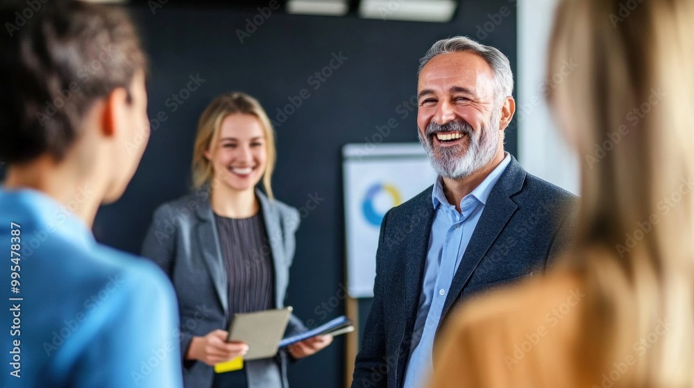 A group of business professionals interacts in a modern office, sharing ideas and laughter while discussing important projects and strategies to enhance teamwork and productivity