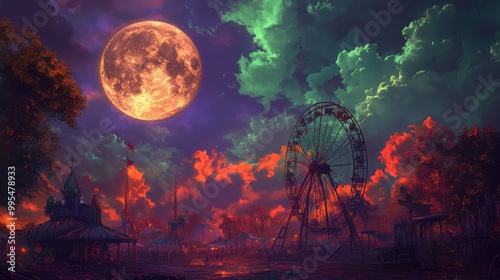 Wallpaper Mural Dystopian carnival under a full harvest moon, with a sky of purple and green hues kissed by fiery orange clouds Torontodigital.ca