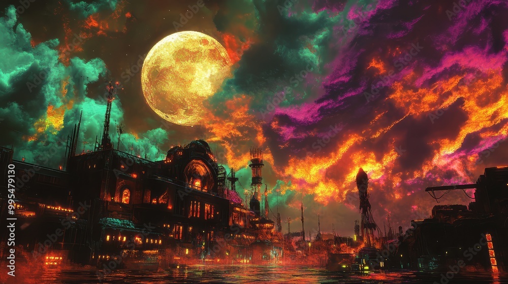 Fototapeta premium Dystopian carnival under a full harvest moon, with a sky of purple and green hues kissed by fiery orange clouds