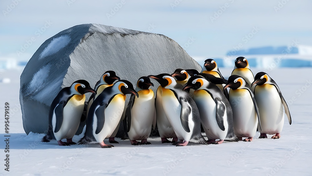 Obraz premium Step into the heartwarming world of penguins as they huddle around a large rock for warmth, creating a cozy and communal scene amidst the icy landscape.