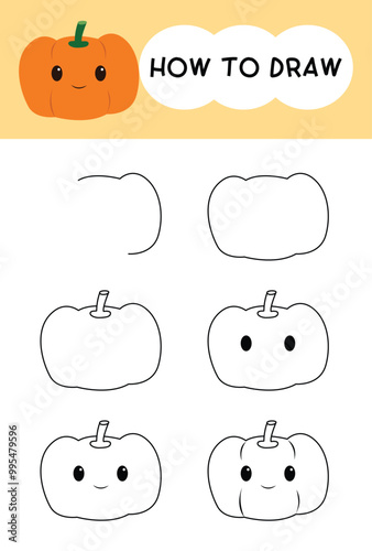 How to draw pumpkin cartoon step by step for learning, kid, education and coloring book. Halloween festival