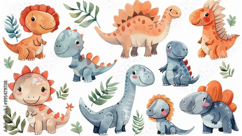Fototapeta Naklejka Na Ścianę i Meble -  Cartoon-style dinosaurs illustrated with watercolors, featuring adorable primitive animals that are perfect for children