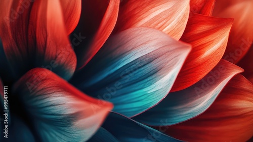 Beautiful close-up of vibrant flower petals in bold duotone hues, captured in an abstract composition with intricate textures and contrasts