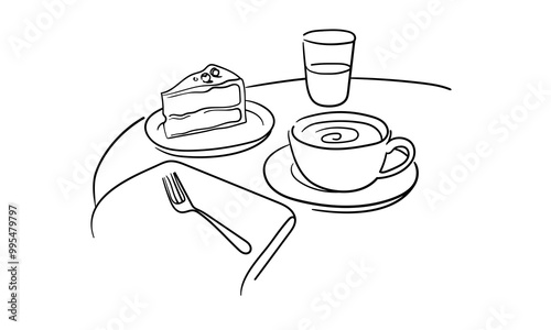 Coffee cup with cake continuous line art drawing isolated on white background. Vector illustration