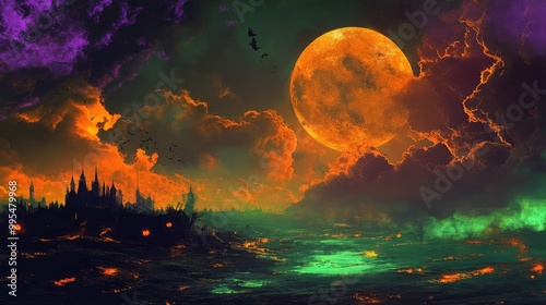 Dystopian Halloween carnival, purple and green skies with fiery orange clouds, a harvest moon glowing ominously overhead