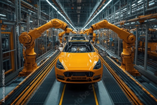 Modern Car Factory with Robotic Arms and Assembly Line for Car Production – High-Resolution Photography in Glass and Steel with Yellow Color Theme