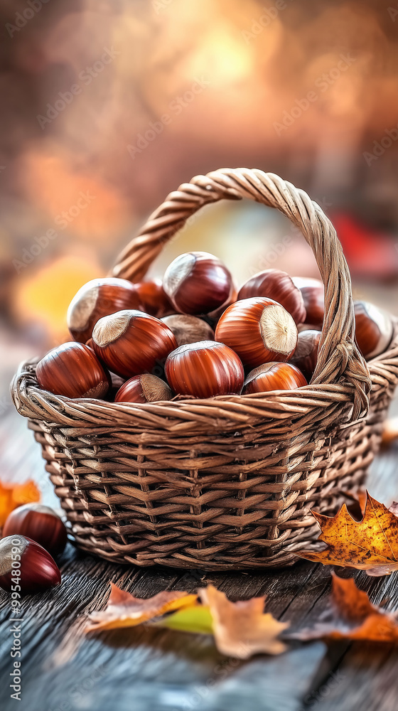 Wicker basket overflowing with fresh chestnuts sits on a rustic wooden table, creating a warm and inviting autumnal scene Wicker basket overflowing with fresh chestnuts sits on a rustic wooden table, creating a warm and inviting autumnal scene