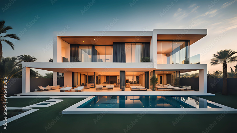 Fototapeta premium modernes Haus mit Pool im Sonnenuntergang