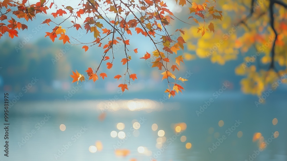 Autumn leaves reflect vibrant colors above a tranquil lake at sunrise in a scenic natural landscape Autumn leaves reflect vibrant colors above a tranquil lake at sunrise in a scenic natural landscape