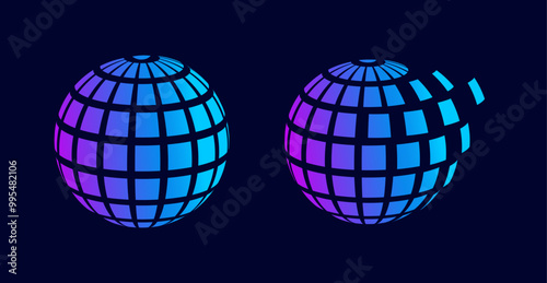 Dispersing globe made up of pixels can be used as a logo for tech companies or as a graphic element in the background to enhance futuristic style. world dissolving into air. Abstract geometric shape 
