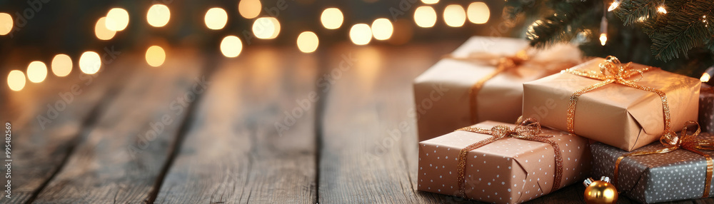 Festive red gift pile beneath a beautifully decorated Christmas tree, surrounded by twinkling lights and holiday cheer Festive red gift pile beneath a beautifully decorated Christmas tree, surrounded by twinkling lights and holiday cheer
