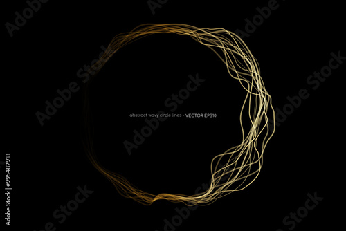 Abstract circle lines wavy frame gold gradient isolated on black background. Vector in concept luxury, technology, science, music, modern