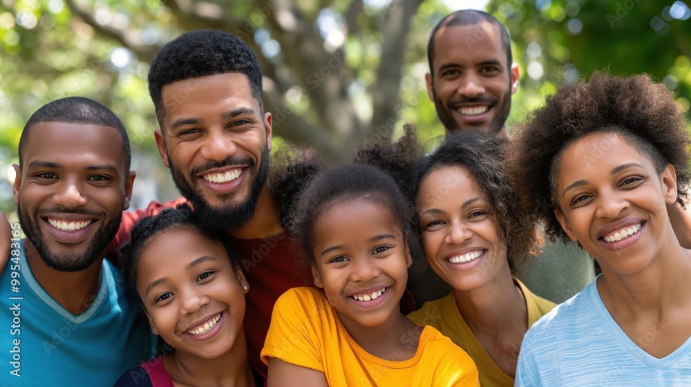 Obraz premium A lively family is enjoying a warm afternoon in the park, smiling and embracing each other. Children and adults share joyful moments, surrounded by natureвЂ™s greenery