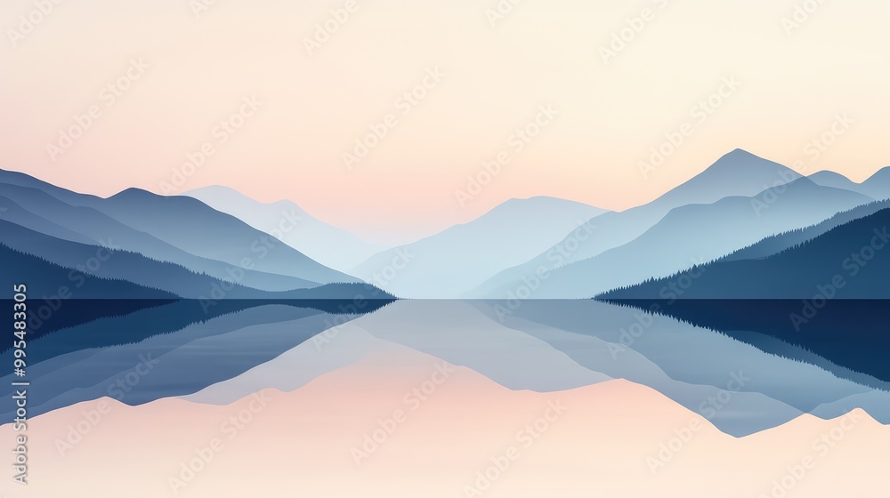 Obraz premium Minimalist landscape of mountains reflected in water, with subtle gradients and soft, calming colors evoking a tranquil mood