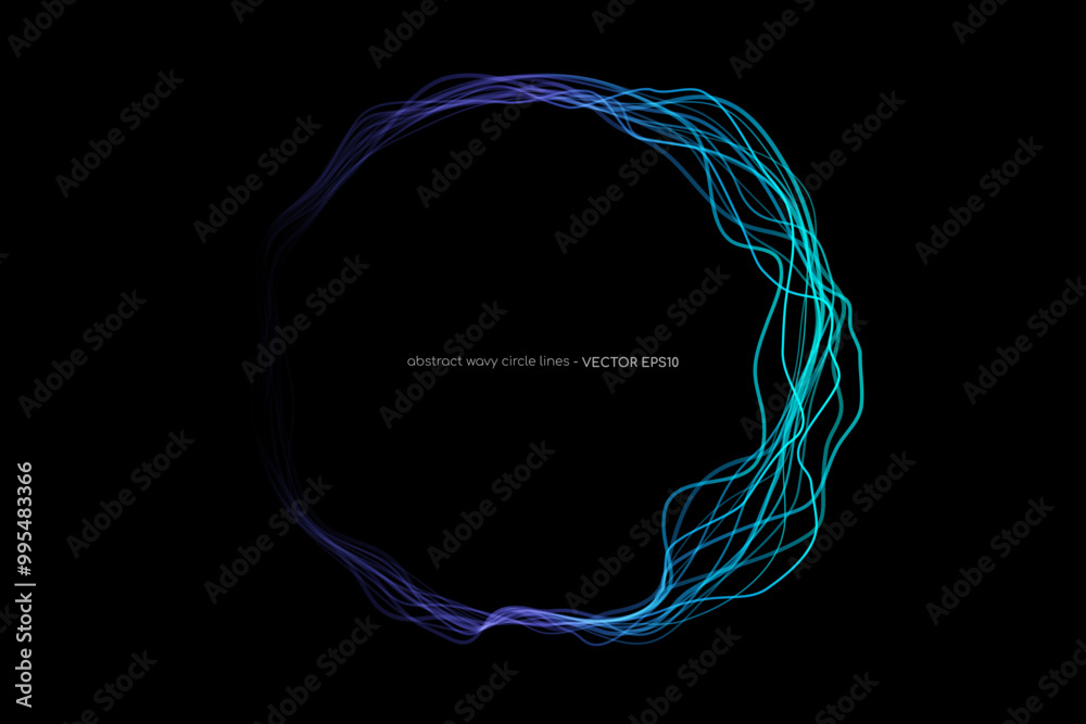 Abstract vector wavy dynamic blue light lines circle swirl round frame isolated on black background in concept technology, neural network, neurology, science, music.