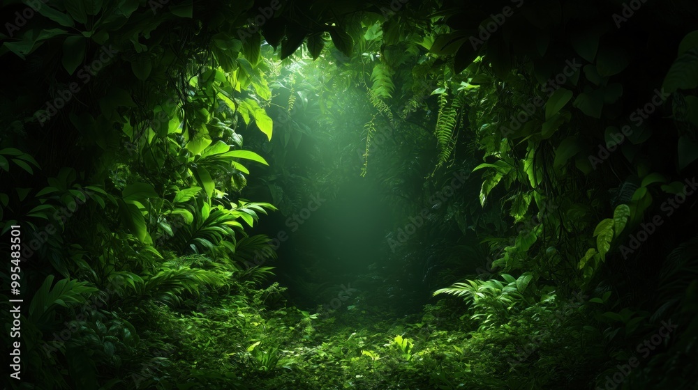 A captivating entrance into a dense rainforest is illuminated by gentle sunlight filtering through vibrant green foliage, creating a serene and inviting atmosphere