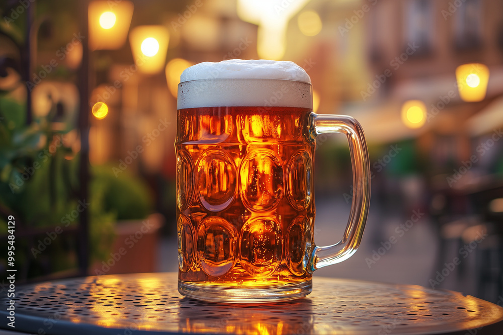 Foamy German beer in large glass mug stands Foamy German beer in large glass mug stands