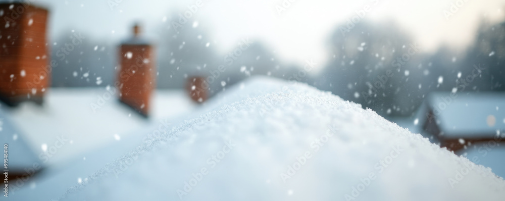 Snow-covered rooftops, chimneys rising, distant town nestled in winter's embrace, serene landscape under a soft blanket of snow Snow-covered rooftops, chimneys rising, distant town nestled in winter's embrace, serene landscape under a soft blanket of snow