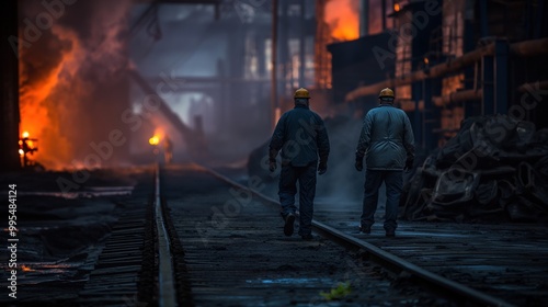 Wallpaper Mural Two workers wearing helmets and protective clothing stroll along the tracks in a dimly lit industrial area, surrounded by glowing furnaces and steam rising in the air Torontodigital.ca