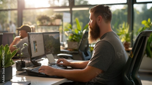 A man sits at a desk focused on his computer while natural light filters through large windows, illuminating a vibrant indoor garden filled with plants