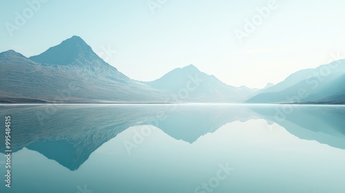 Peaceful mountain reflection in clear water, with minimalist elements and gentle transitions of color and light, forming a serene scene