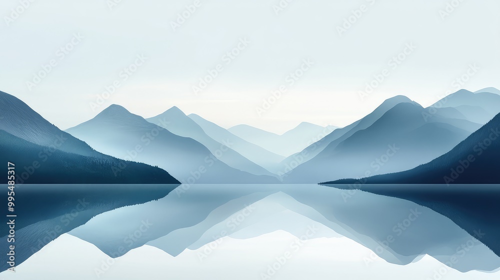 Serene mountain landscape with calm water reflection, featuring soft gradients and a minimalist design evoking tranquility Serene mountain landscape with calm water reflection, featuring soft gradients and a minimalist design evoking tranquility