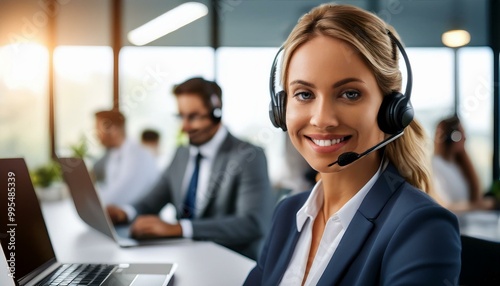  portrait of a cheerful and attractive helpdesk service specialist holding a blank space for copy, isolated against a white background.