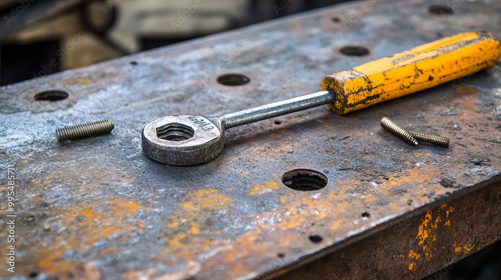 Tools for metalwork tasks: screwdriver for tightening screws into metal plates, and a spanner for nuts and bolts. 