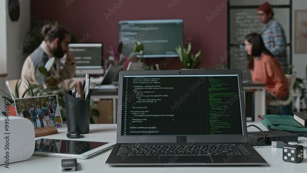 Timelapse of laptop computer on desk in IT startup, lines of code executed on black screen, virtual reality headset on desk. Diverse team collaborating on project in background, discussing algorithms