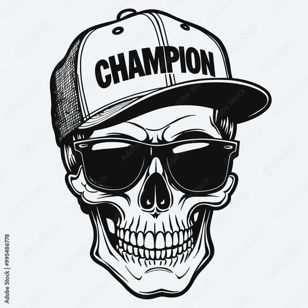 a black and white illustration of a skull wearing a baseball cap with the word CHAMPION
