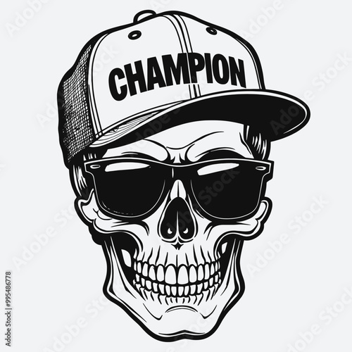 Obraz na płótnie a black and white illustration of a skull wearing a baseball cap with the word CHAMPION w salonie