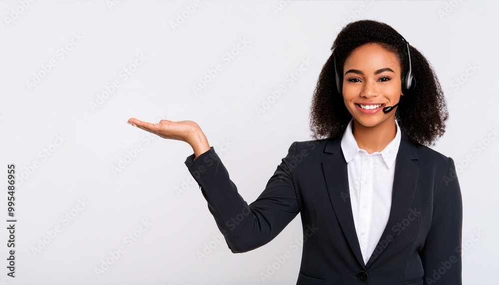 portrait of a cheerful and attractive helpdesk service specialist holding a blank space for copy, isolated against a white background. portrait of a cheerful and attractive helpdesk service specialist holding a blank space for copy, isolated against a white background.